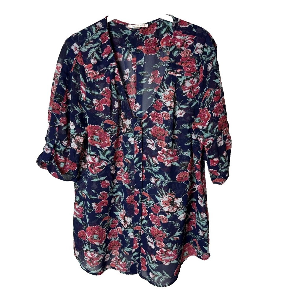 Skies are Blue Blouse Size Large Top Short Sleeves V-Neck Floral Navy Blue Pink